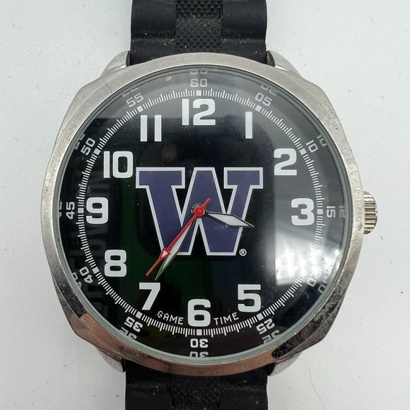 Washington Game Time Mens Watch Silver Tone Round Dial Black Silicone Band - Picture 1 of 6